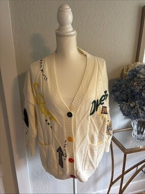 Cream Embroidered Button-Front Cardigan Sweater